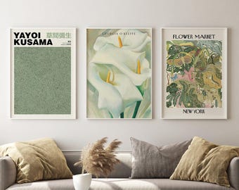 Modern Botanical Poster Set of 3 – Green Abstract & Floral Wall Art