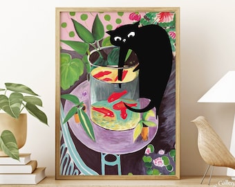 Póster de Matisse: Pez dorado con gato, impresión divertida de gato, póster de gato negro