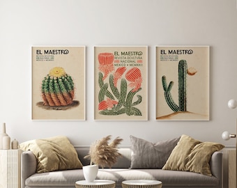 Vintage Cactus Set, Set of 3 El Maestro Mexico Print, Mexican Exhibition Art Poster Set, Mexican Decor, Living Room Decor