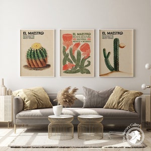 Vintage Cactus Set, Set of 3 El Maestro Mexico Print, Mexican Exhibition Art Poster Set, Mexican Decor, Living Room Decor