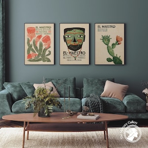 El Maestro Cactus Set, Green-Orange Set, Set of 3 El Maestro Mexico Print, Mexican Exhibition Art Poster Set, Gallery Wall Set