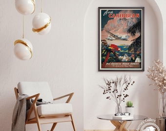Vintage Caribbean Travel Poster Print, Tropical Wall Art