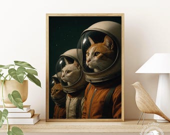 Stampa spaziale con gatti astronauti: divertente poster di fantascienza con animali