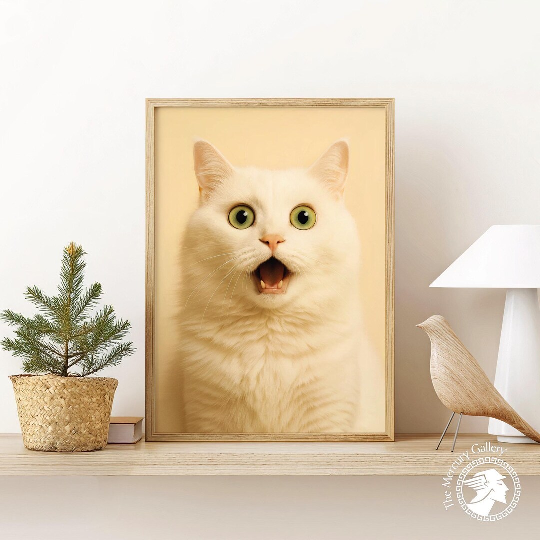 Surprised White Cat Poster – Funny Shocked Kitty Wall Art Print
