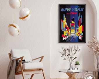 Póster de viaje vintage de Nueva York, lámina decorativa colorida para pared.