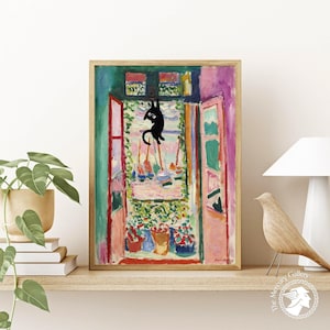 Matisse Cat Art Print: Open Window, Funny Black Cat, Floral Poster