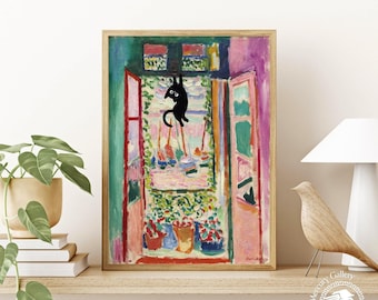 Matisse Cat Art Print: Open Window, Funny Black Cat, Floral Poster