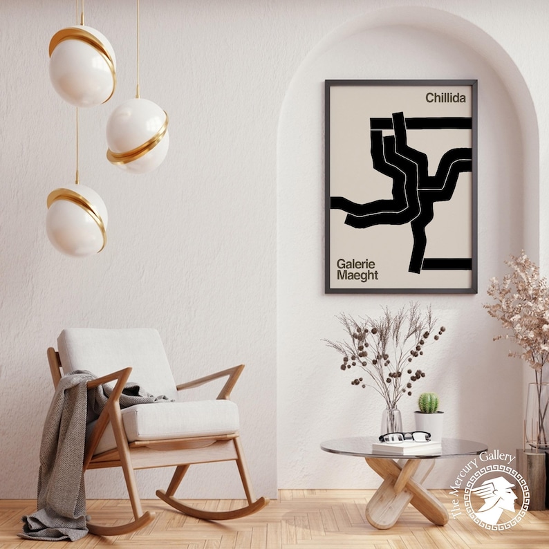 Cartel de la exposición Chillida: Impresión artística abstracta en blanco y negro imagen 7