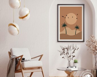 Desert Sunset Art Print, Boho Palm Leaf, Terracotta Home Decor