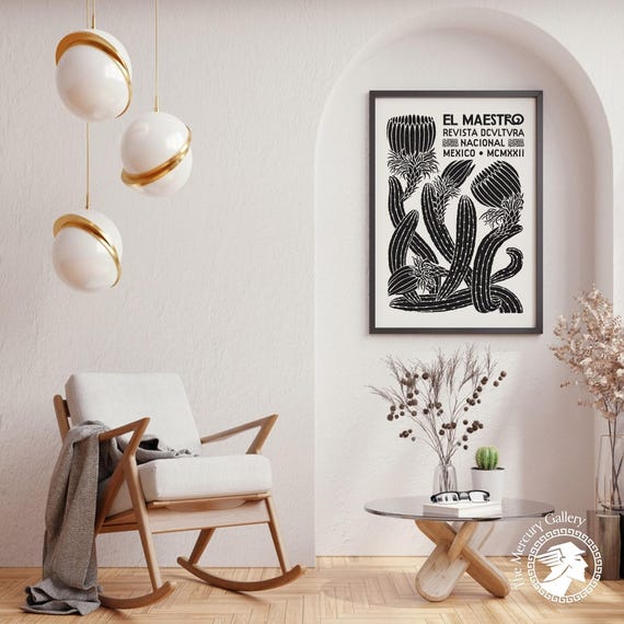 El Maestro Mexico Print, Vintage Mexican Culture Decor, Black and White Print, Botanical Poster,
