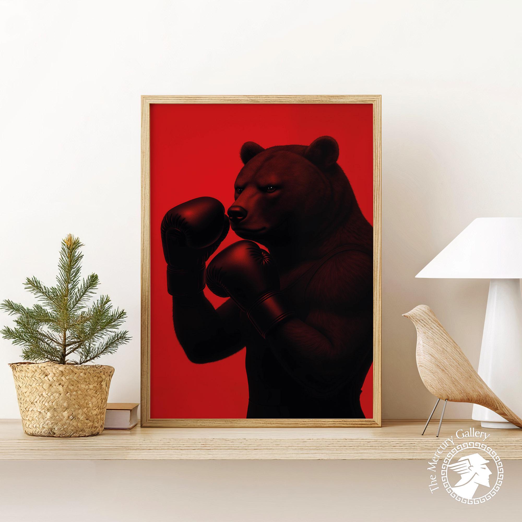 Boxing Bear Wall Art Print Red Animal Fighter Poster