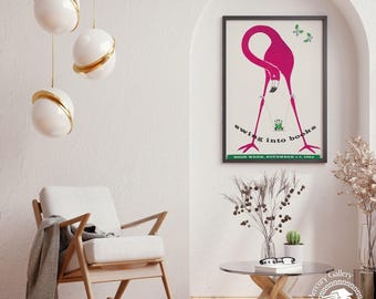 Pink Flamingo Poster Print, Retro Animal Poster, Fun Prints, Gallery Wall Decor