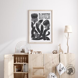 El Maestro Mexico-print, vintage decor Mexicaanse cultuur, zwart-witprint, botanische poster, afbeelding 7