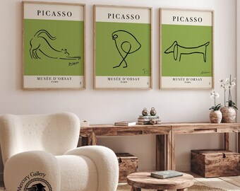 Conjunto de estampados animales de Picasso, arte de pared de galería verde