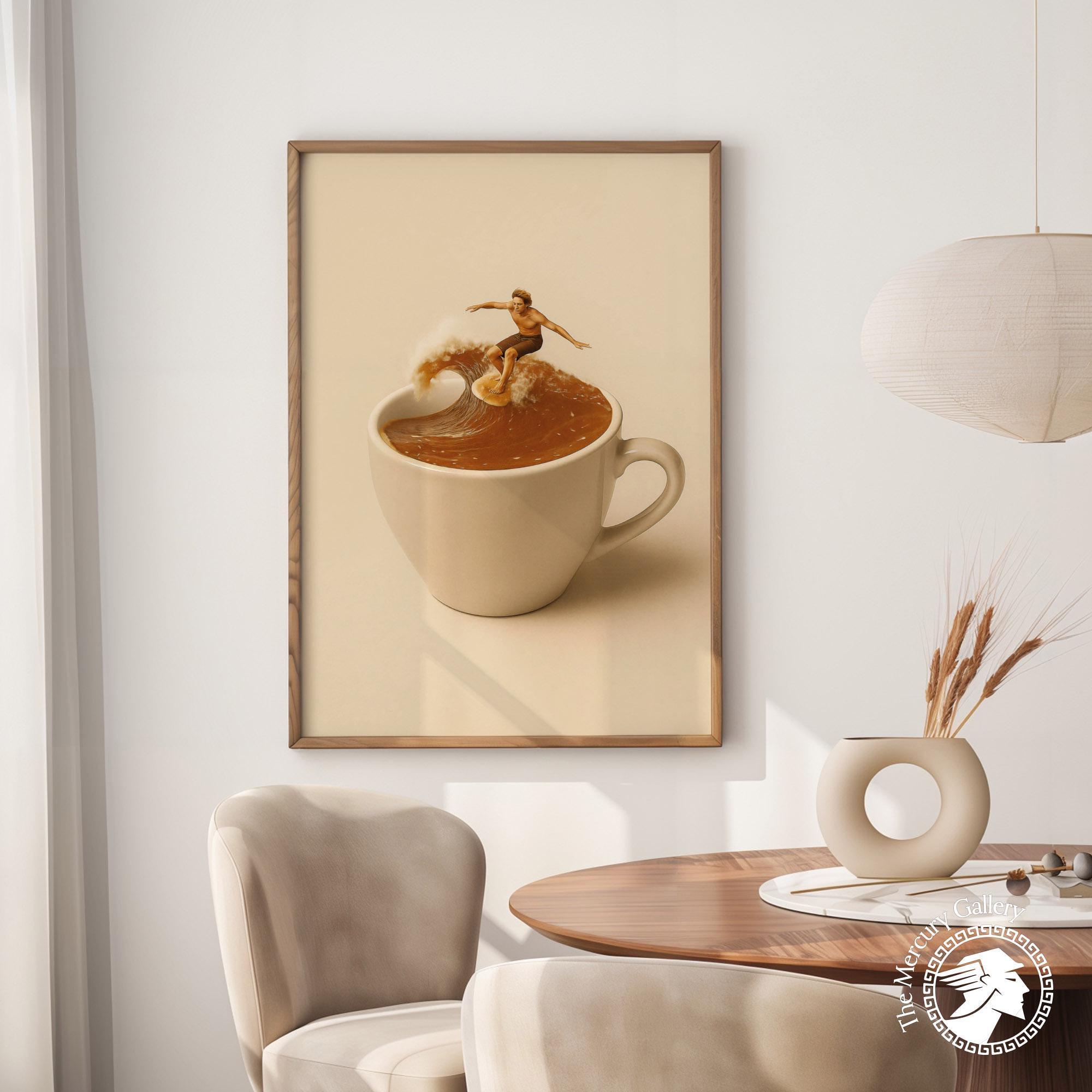 Coffee Surfer Art Print – Whimsical Morning Poster – Modern