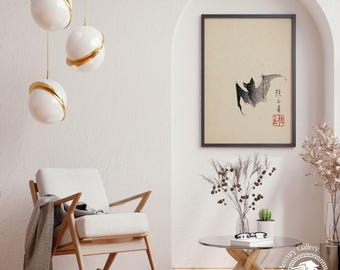 Japanese Bat Painting, Bat and Moon Wodblock Print, Yamada Hogyoku, Asian Wall Art, Flaying Bat