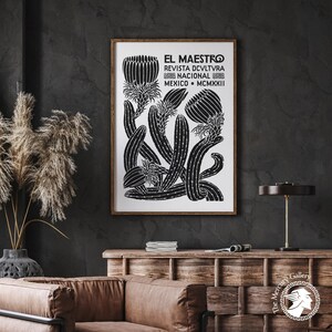 El Maestro Mexico-print, vintage decor Mexicaanse cultuur, zwart-witprint, botanische poster, afbeelding 6