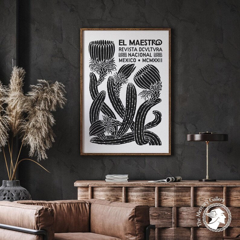El Maestro Mexico-print, vintage decor Mexicaanse cultuur, zwart-witprint, botanische poster, afbeelding 6
