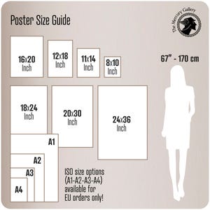 The image is a poster size guide that provides the dimensions of various poster sizes, including A1, A2, A3, and A4. It also includes the ISO size options for these sizes, which are A1-A3 and A4. The guide is designed to help customers choose the appropriate size for their intended use, whether it be for personal or professional purposes.