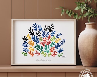 May include: A framed art print featuring a colorful abstract floral design by Henri Matisse. The artwork, titled "La gerbe," showcases a vibrant arrangement of blue, red, green, yellow, and black leaf-like shapes. The print is displayed on a shelf with a vase.