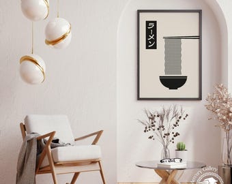 Stampa di spaghetti ramen, poster di cucina giapponese, bianco e nero