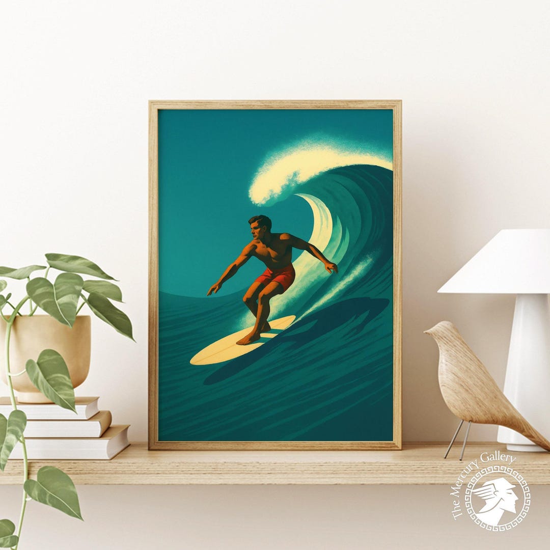 Retro Surfer Wall Art Print, Vintage Style Ocean Wave Surfing