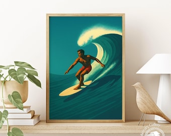 Retro Surfer Print, Vintage Ocean Wave Poster, Coastal Wall Art
