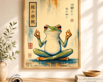 Meditating Frog Poster, Japanese Zen Frog Print, Whimsical Ukiyo-e Wall Art