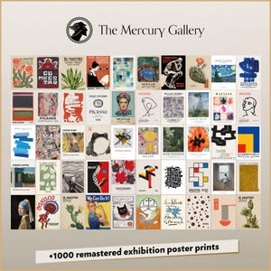 The image is a collage of various exhibition poster prints from The Mercury Gallery, featuring a diverse range of artworks and artists.