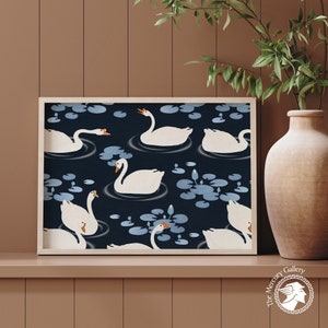 White Chinese Geese Swimming, Beautiful Vintage Japanese Art, Japanese Art Print