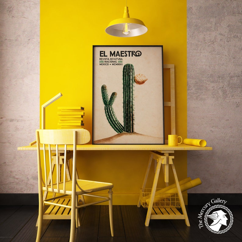 El Maestro Print, Mexican Vintage Art, Vintage Cactus Art, Blooming Cactus Wall Art image 3