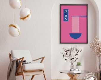 Stampa di ramen rosa, arte della cucina giapponese, illustrazione minimalista