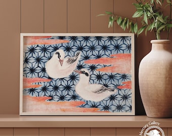 Hokusai Birds Print, Vintage Japanese Woodblock Art