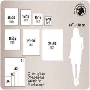 The image is a collage of various sizes of frames, including a silhouette of a person, and provides size information for each frame.
