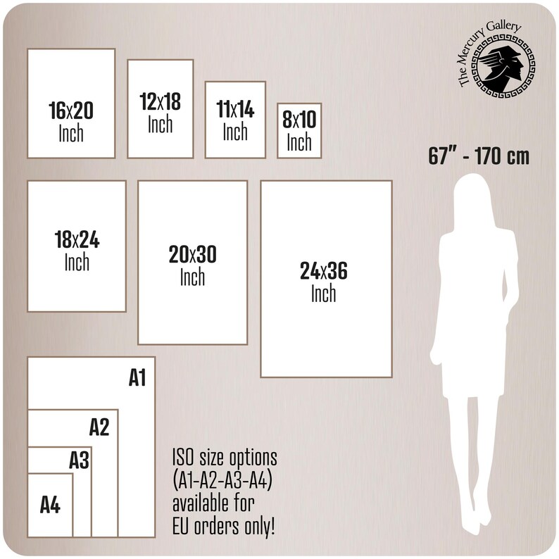 The image is a collage of various sizes of frames, including a silhouette of a person, and provides size information for each frame.