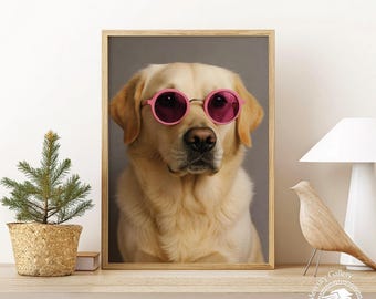 Cool Labrador Poster Print – Funny Dog Wall Art with Pink Glasses for Trendy Pet Lovers and Quirky Home Decor Accent Piece