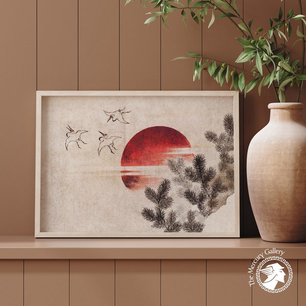 Katsushika Hokusai Poster, Birds and Sunset Prints, Japanese Poster, Ukiyo-e Woodblock Wall Art, Animal Wall Art