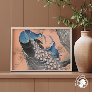 Ohara Koson Poster, Peacocks on Tree Branch Exhibition Poster, Japan Birds Art, Traditional Japanese Art, Japanese Style Art Print