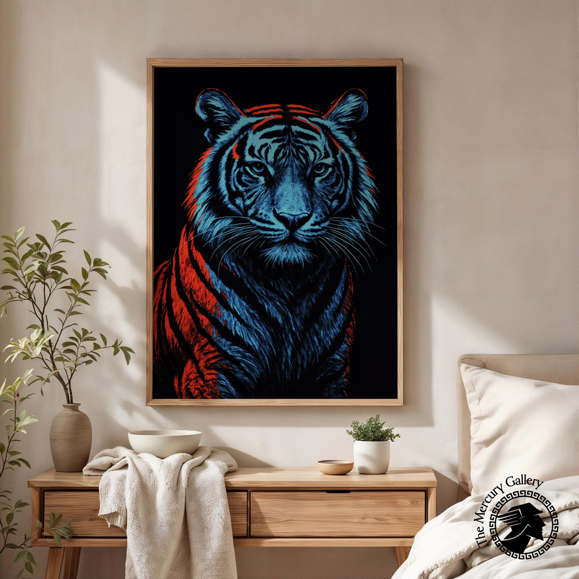 Blue Tiger Wall Art Print Red Blue Animal Portrait Poster Bold