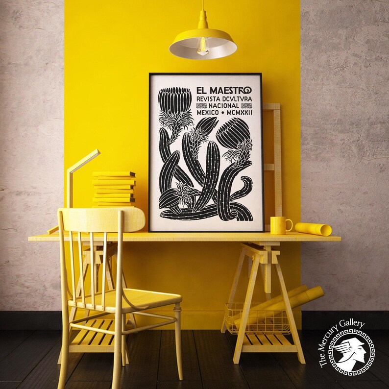 El Maestro Mexico-print, vintage decor Mexicaanse cultuur, zwart-witprint, botanische poster, afbeelding 3