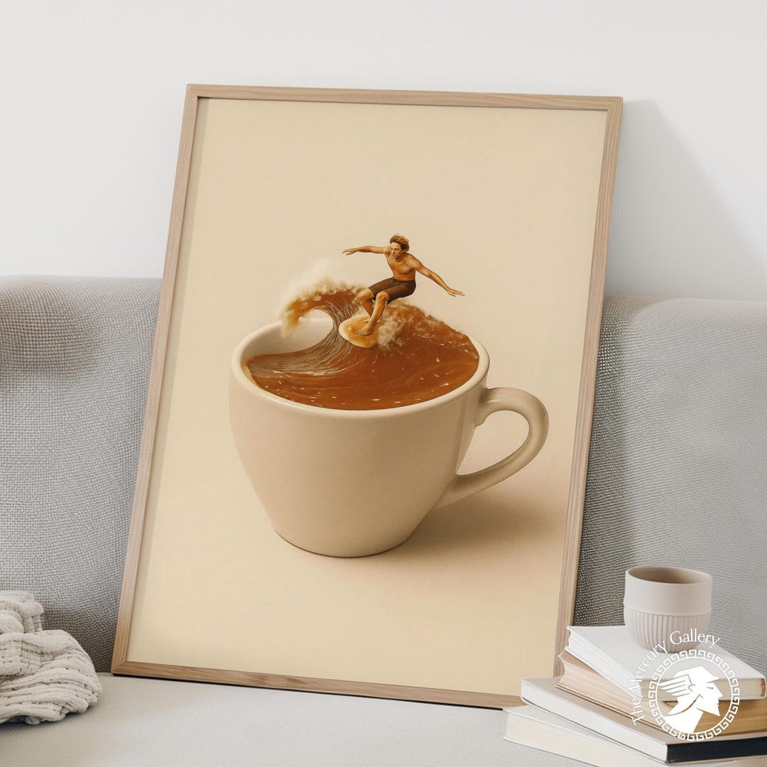 Coffee Surfer Art Print – Whimsical Morning Poster – Modern