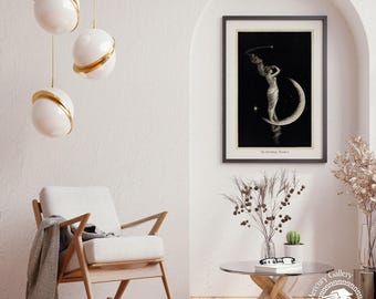 Moon and Woman Vintage Poster, Celestial Wall Art