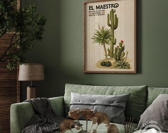 Mexican Cactus Poster, Floral Vintage Wall Art Decor, Mexican Decor, Latin American Artesania