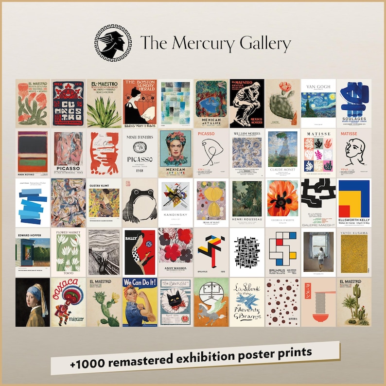 The image is a collage of various exhibition poster prints from The Mercury Gallery, featuring a diverse range of artworks and artists.