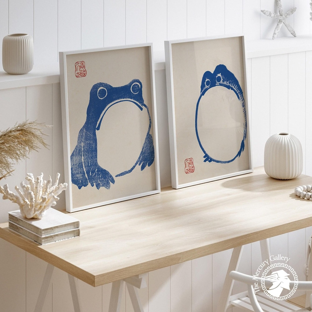 Set of 2 Japanese Blue Frog Print, Matsumoto Hoji Art Print, Japanese ...