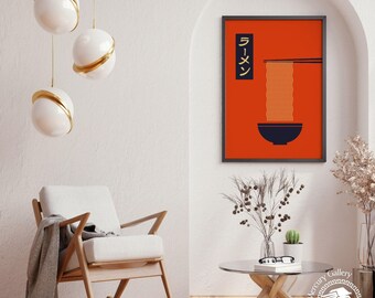 Stampa di ramen arancione, poster di ciotola di noodles giapponese, arte della cucina asiatica