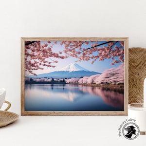 Mount Fuji Cherry Blossom Print: Japanese Zen Landscape Art