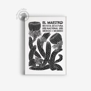 El Maestro Mexico-print, vintage decor Mexicaanse cultuur, zwart-witprint, botanische poster, afbeelding 4