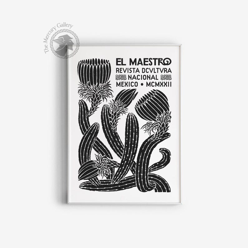 El Maestro Mexico-print, vintage decor Mexicaanse cultuur, zwart-witprint, botanische poster, afbeelding 4