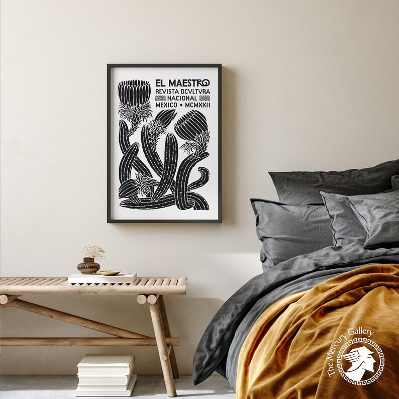 El Maestro Mexico-print, vintage decor Mexicaanse cultuur, zwart-witprint, botanische poster, afbeelding 5